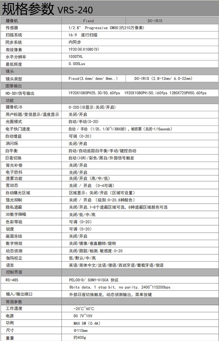 VRS-240高清防爆半球参数